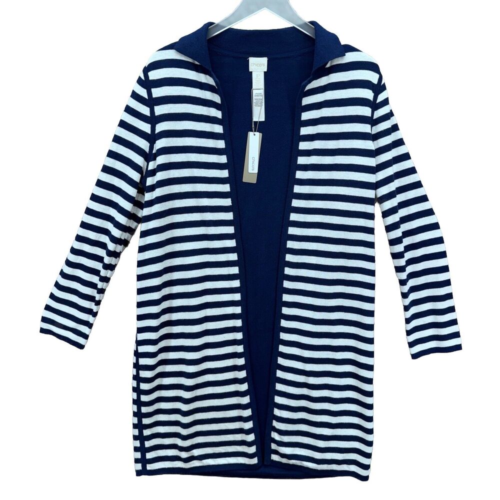Chicos Long Cardigan Size 1P Medium Petite Navy Reversible‎ Nautical